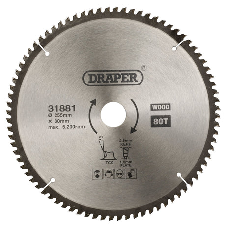 Draper Tct Triple Chip Grind Circular Saw Blade, 255 X 30mm, 80T - SBTCG1 - Farming Parts