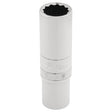 An image of the Draper Hi-Torq® 12 Point Deep Socket, 3/8" Sq. Dr., 12mm - DT-MM/B, labeled with “12mm” on its surface, featuring a knurled ring in the middle section and crafted from durable chrome vanadium steel.