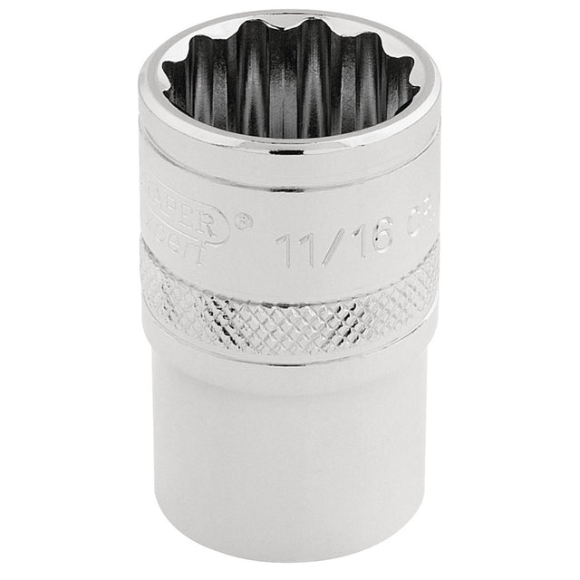 A close-up image of the Draper Hi-Torq® 12 Point Socket, 1/2" Sq. Dr., 11/16" - H-AF/B showcases its shiny, Expert Quality. The chrome vanadium steel tool features a knurled grip and is designed to fit onto a ratchet for tightening or loosening fasteners.