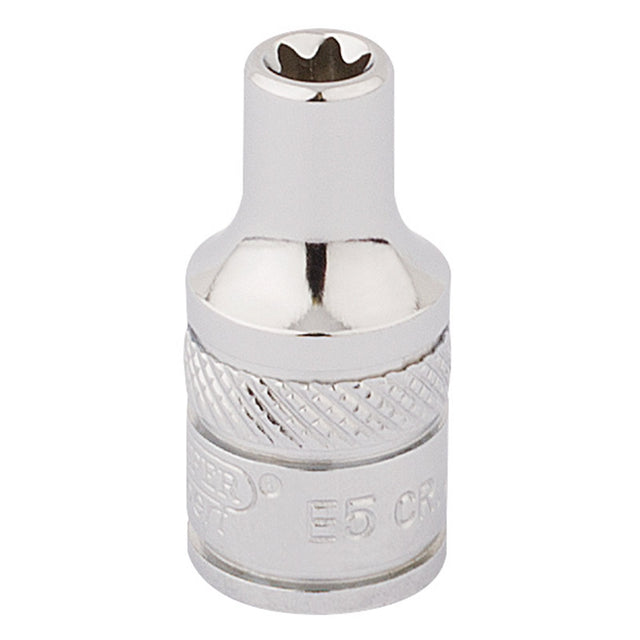 Close-up of the Draper Tx-Star® Socket, 1/4" Sq. Dr., E5 - TS14/B, featuring a shiny silver finish with a textured grip and brand markings, crafted from durable chrome vanadium steel for expert-quality precision in tightening or loosening Torx fasteners.