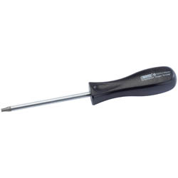 A Draper Tx-Star® Security Screwdriver, T25T X 100mm - 939TXT, featuring a black handle made of high impact resistant plastic and a silver shaft.
