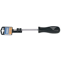 A Draper Tx-Star® Security Screwdriver, T40T X 115mm - 939TXT, with a black handle featuring an attached label showing the brand name "Draper." The tool has a satin chrome plated finish and is displayed against a white background.