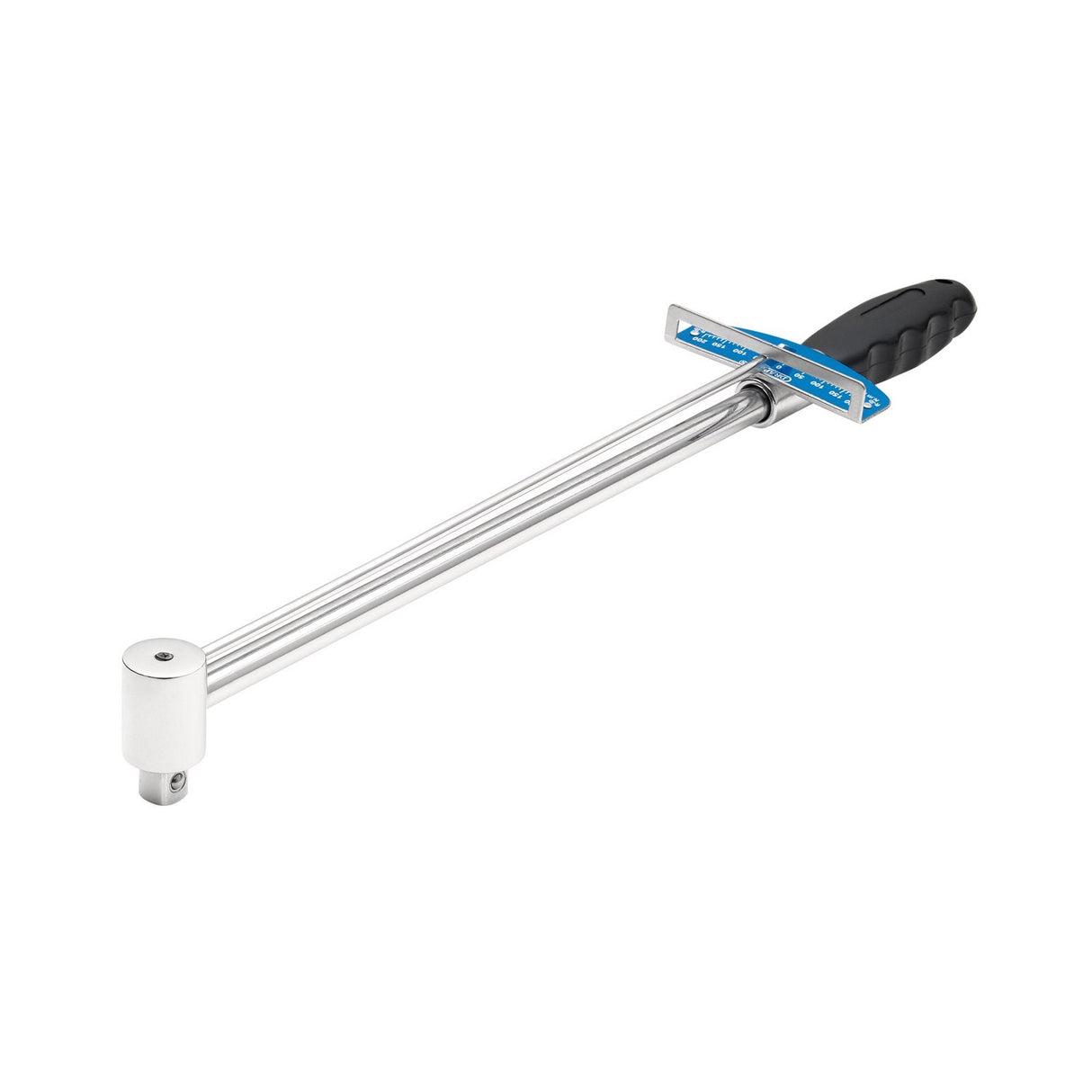 Image of the Draper Beam Style Torque Wrench (Product Code: 3000) with a 1/2" square drive, measuring 460mm in length. It features a long handle with a black grip and a blue sticker. The wrench is equipped with a dual scale for precise torque measurements, ranging from 0-21 Kg-M to 0-150 Lb-Ft, ideal for applying specific torque to fasteners.