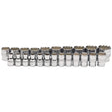 Displayed against a plain white background, the Draper Loose Metric Socket Set (23 pieces, 1/2" Sq. Dr., H23M/C) features a neatly arranged row of polished chrome sockets in various sizes, forged from hardened chrome vanadium steel with a distinctive knurled ring.