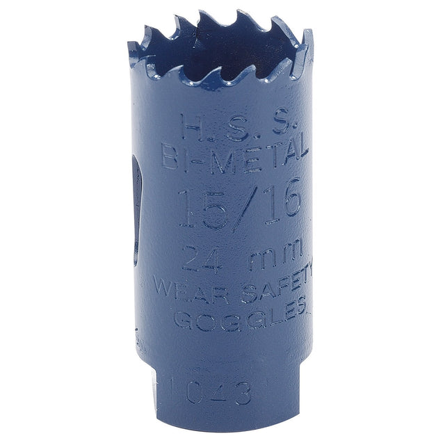 The Draper HSS Bi-Metal Holesaw Blade, 24mm - HSP, a blue high-speed variable pitch bi-metal hole saw with a 15/16 inch (24 mm) diameter featuring jagged teeth and the text "H.S.S. BI-METAL 15/16 24 mm WEAR SAFETY GOGGLES," ensures accurate hole cutting with durable cutting tools.