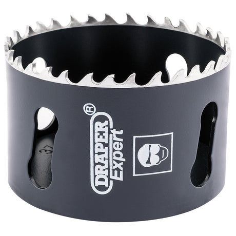 Close-up of a Draper Cobalt Hole Saw, 67mm - CHSP, featuring serrated edges and branding logo, designed for cutting steel with a maximum depth of 35mm.