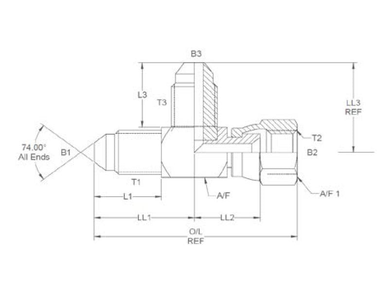 Sparex Hydraulic Tee Piece 7/16'' JIC Male x 7/16'' JIC Swivel Female x 7/16'' JIC Male | S.35091 - Product Image 2