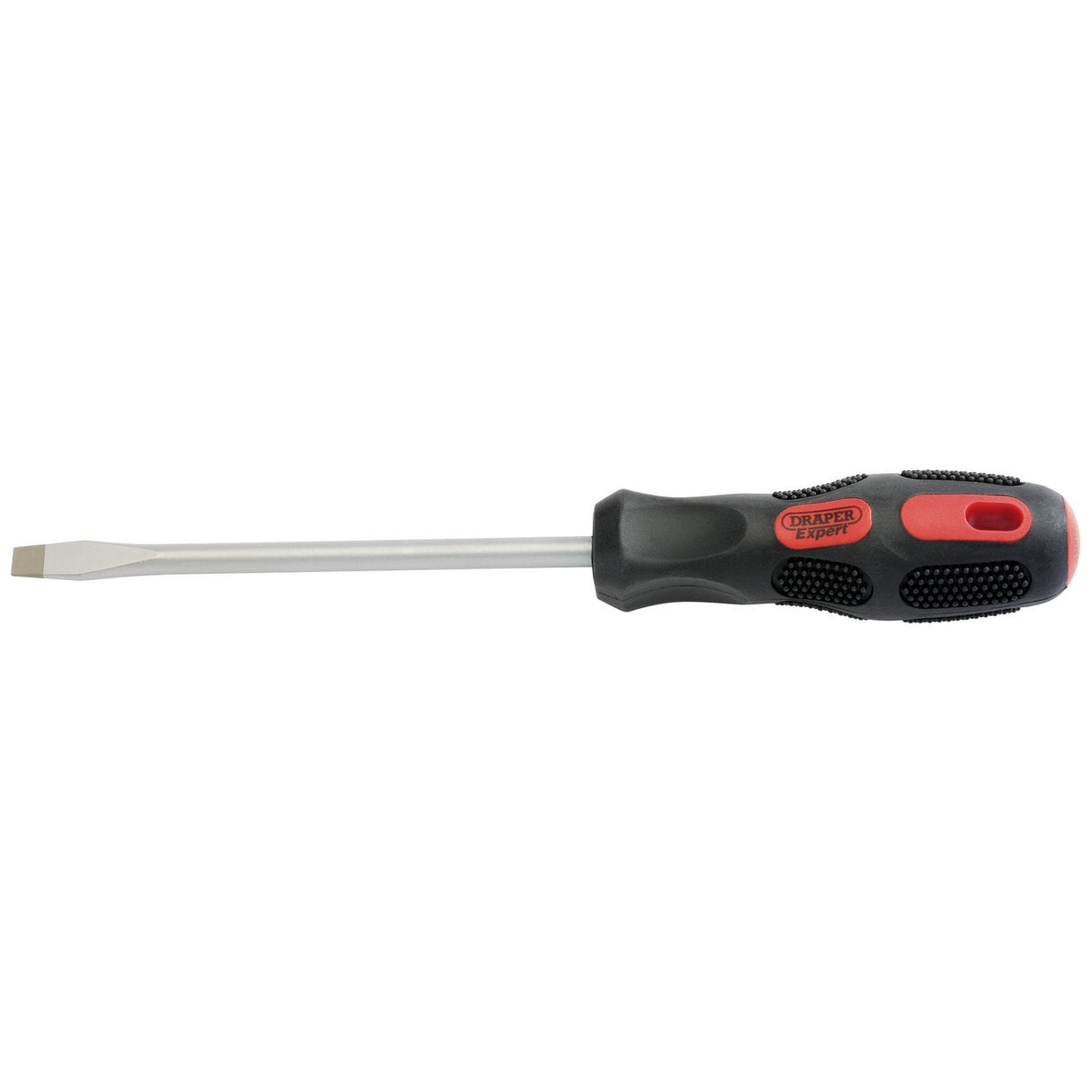 An image of the Draper Plain Slot Flared Tip Screwdriver, 8 X 150mm (Sold Loose) - 970B, featuring hardened SVCM blades and a black and red ergonomic soft grip handle.