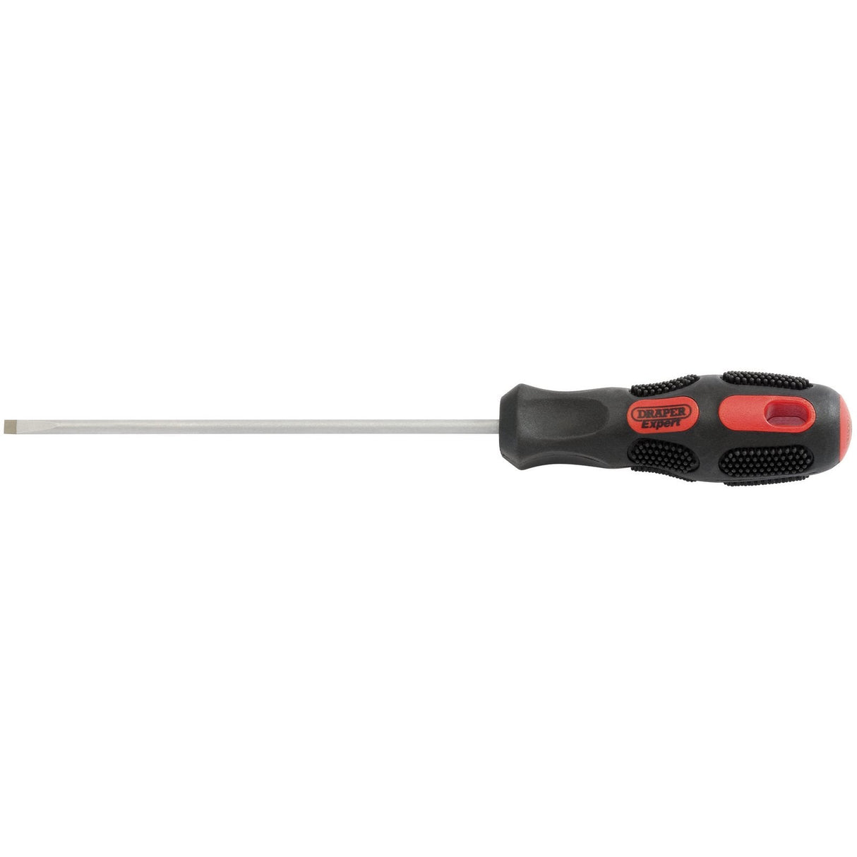 The Draper Plain Slot Parallel Tip Screwdriver, 3.2 X 100mm - 970P, features a straight metal shaft and a black-and-red handle made from textured soft grip polymer for enhanced comfort.