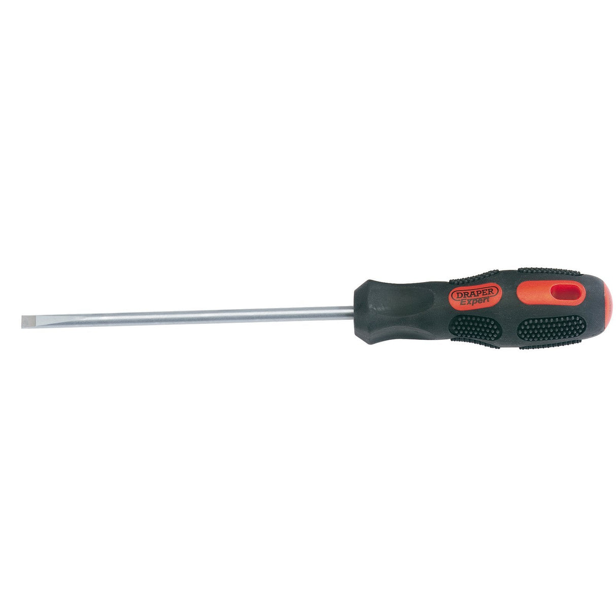 An image of a Draper Plain Slot Parallel Tip Screwdriver, featuring a 5 x 150mm metal shaft crafted from hardened SVCM blades. The screwdriver includes a black and red soft grip handle with the text "Draper Expert" and has a flat tip.