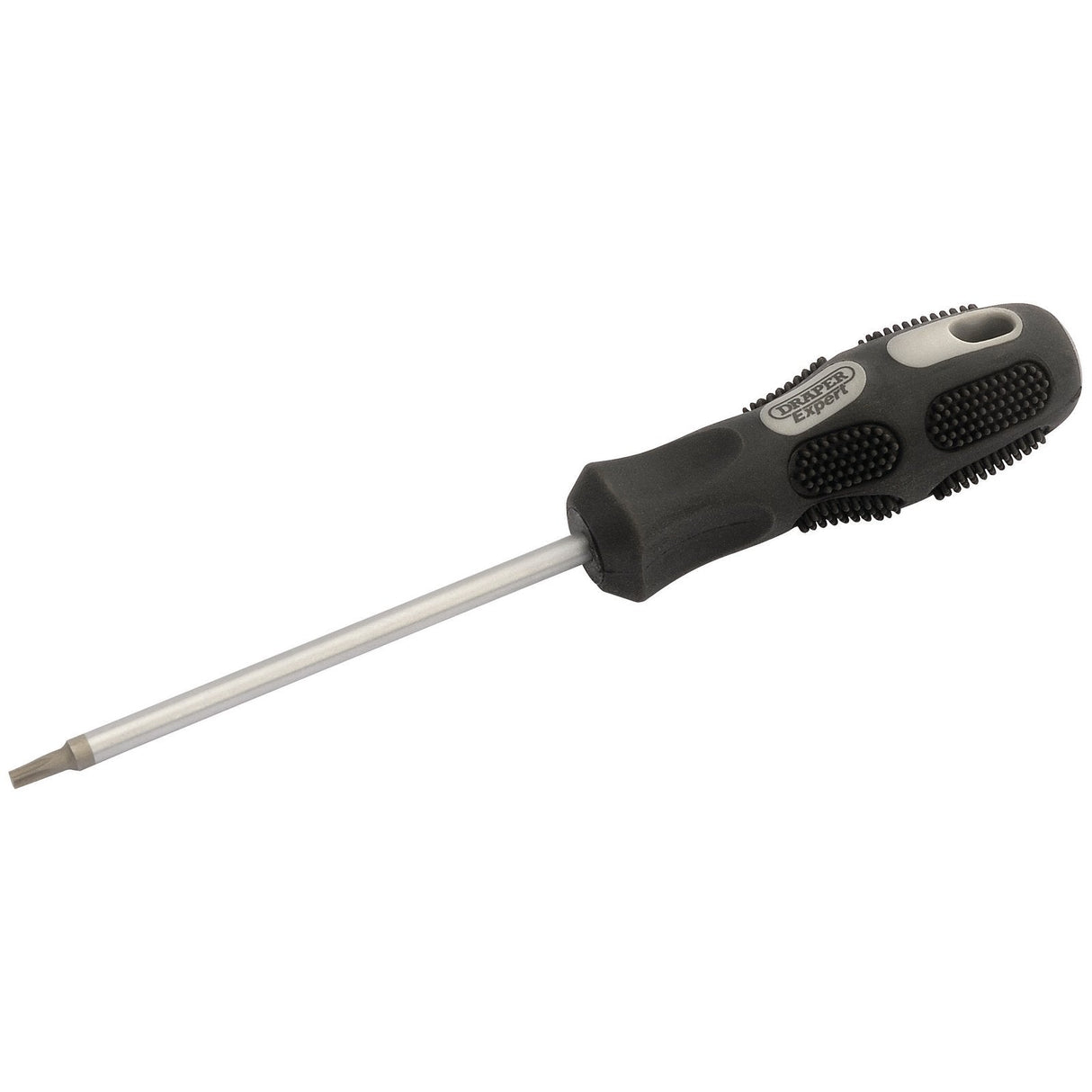The Draper Tx-Star® Driver, T10 X 75mm Long - 970TX, features a black and gray ergonomic handle, a metal shaft, and hardened SVCM for added durability.