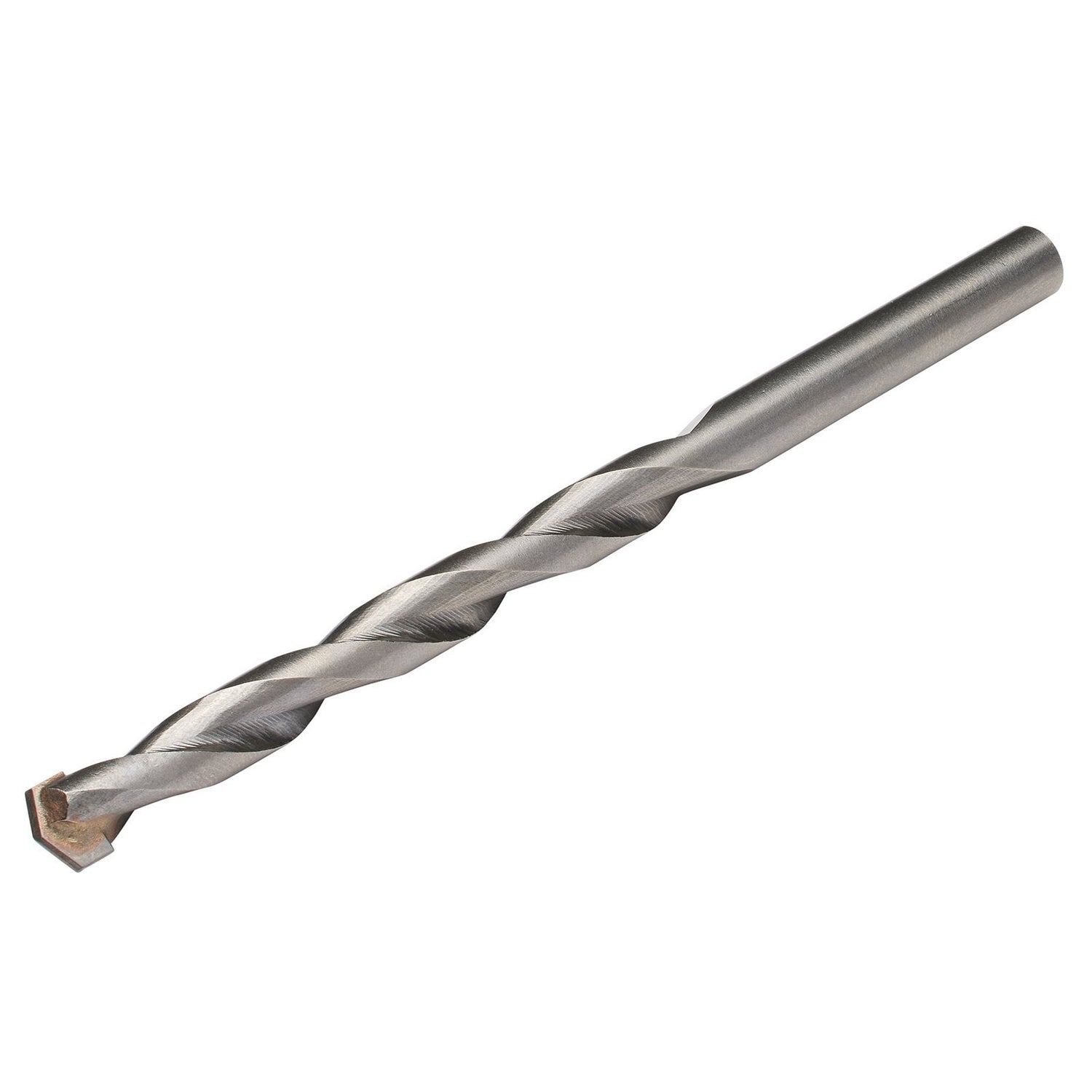A close-up image of the Draper Masonry Drill Bit, 8 X 120mm - MD12PB against a white background, showcasing the spiral flute and the cutting tip. This silver tungsten carbide drill adheres to ISO 5468 Specifications, guaranteeing precision and durability.
