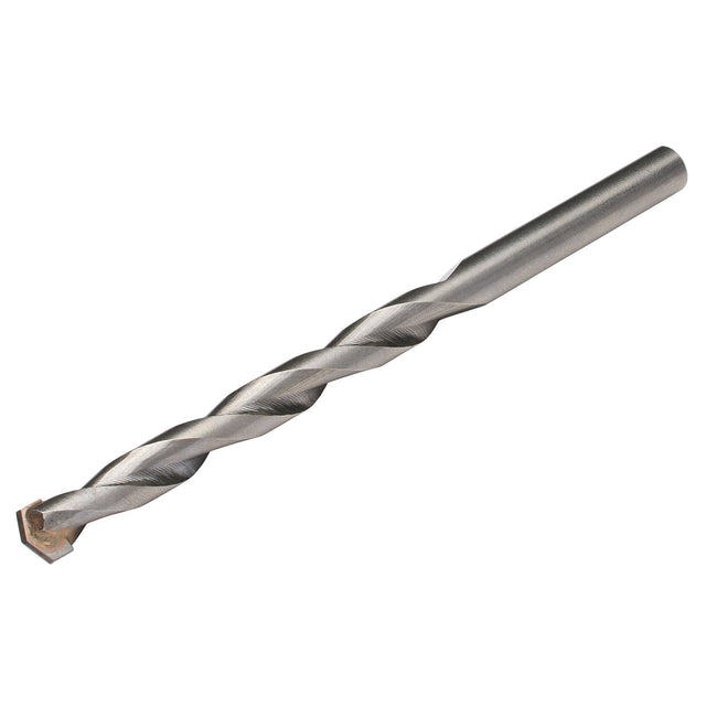 A close-up image of the Draper Masonry Drill Bit, 8 X 120mm - MD12PB against a white background, showcasing the spiral flute and the cutting tip. This silver tungsten carbide drill adheres to ISO 5468 Specifications, guaranteeing precision and durability.