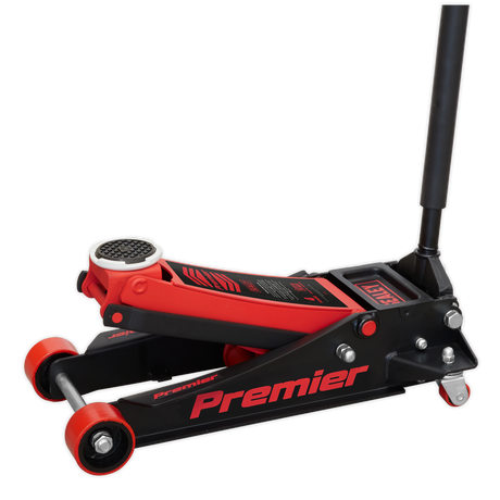 A Sealey hydraulic floor jack, known as the Trolley Jack 4 Tonne Rocket Lift Red - 4040AR, featuring a versatile lifting range and a heavy base design.