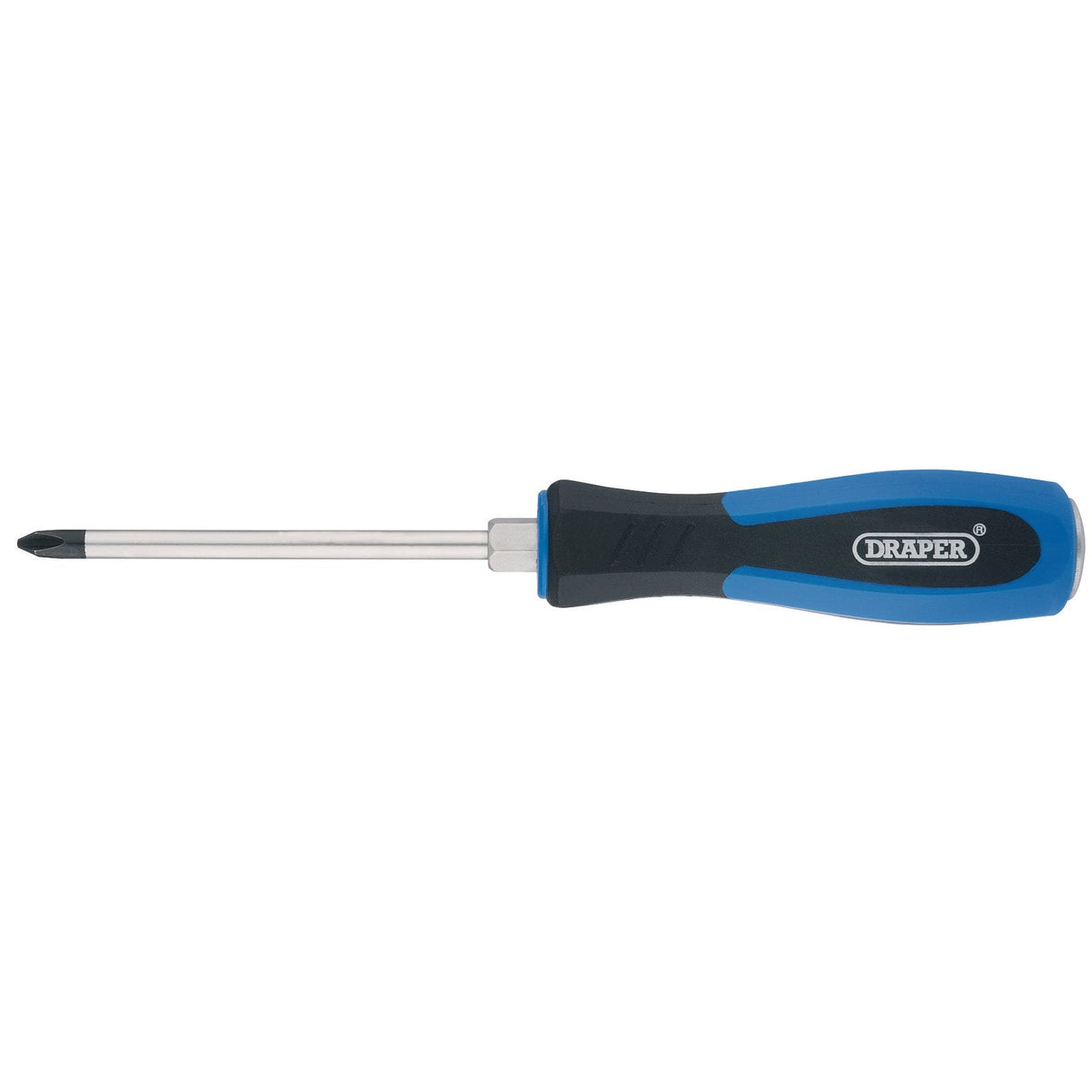 A Draper Pound Thru' Cross Slot Screwdriver, No.2 X 100MM - 975, with a blue and black handle labeled "Draper," featuring a magnetic tip for added convenience.