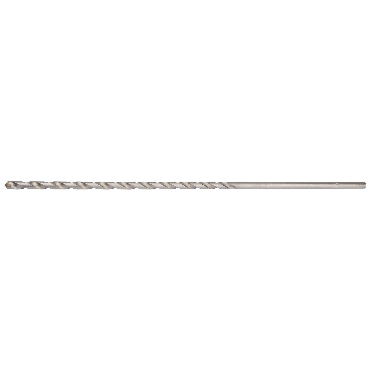 The Draper Masonry Drill Bit, 10 X 400mm - MD12PB is a long, silver bit with spiral grooves running along its length. The cylindrical bit features a pointed tip for precise drilling and is crafted from tungsten carbide for enhanced durability. This drill meets ISO 5468 standards and is ideal for various straight shank drills.
