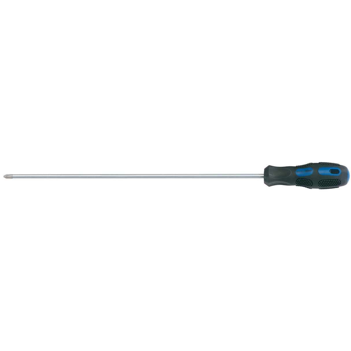 The Draper Extra Long Reach General Purpose Cross Slot Screwdriver, No.2 X 450mm - 970L, features a black and blue ergonomic soft grip handle and hardened blades, displayed on a white background.