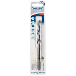Packaging of the Draper Masonry Drill Bit, 14 X 150mm - MD12PB from Draper features a silver, spiral design drill bit inside a clear plastic casing on a white and blue cardboard backing. This ISO 5468 compliant tool includes tungsten carbide tips for durability and precision in drilling tasks.