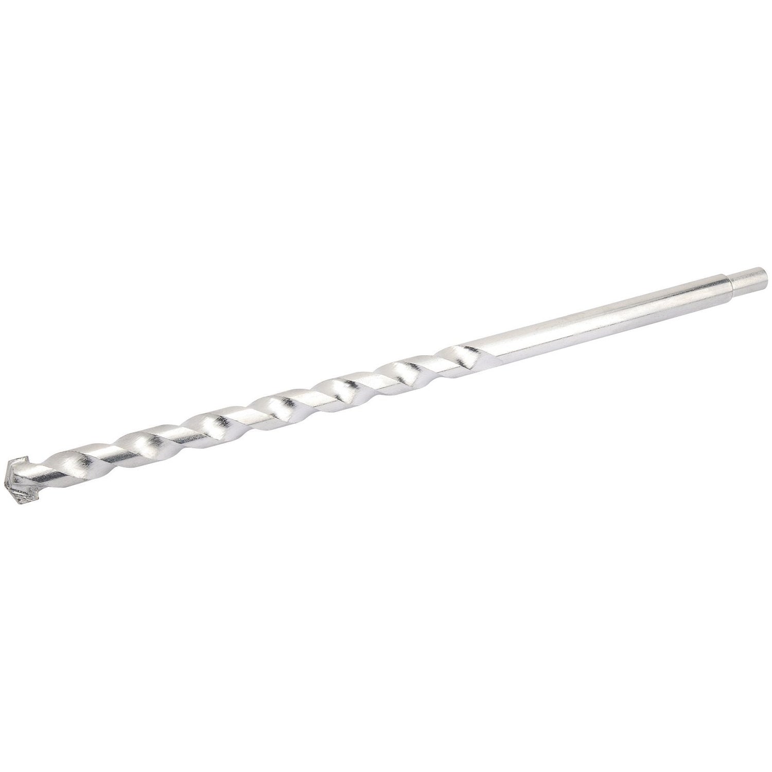 The Draper Masonry Drill Bit, 20 X 400mm - MD12PB, is a silver, twisted steel drill bit with a sharp tip designed for drilling into hard materials, conforming to ISO 5468 standards.