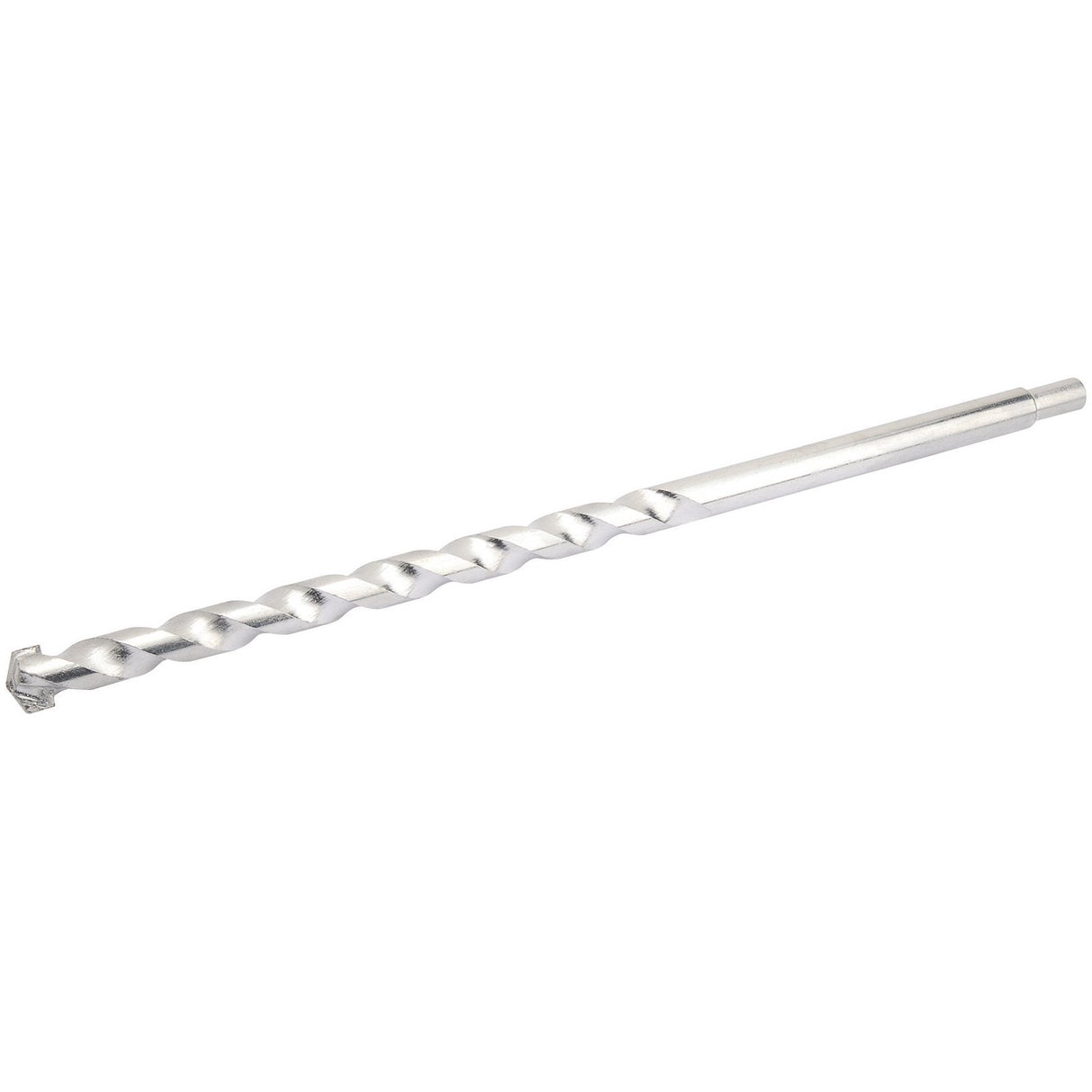 The Draper Masonry Drill Bit, 20 X 400mm - MD12PB, is a silver, twisted steel drill bit with a sharp tip designed for drilling into hard materials, conforming to ISO 5468 standards.