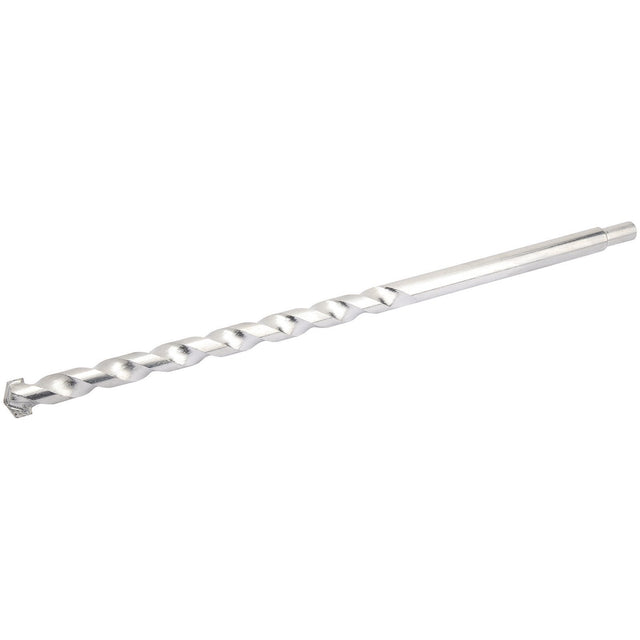 The Draper Masonry Drill Bit, 20 X 400mm - MD12PB, is a silver, twisted steel drill bit with a sharp tip designed for drilling into hard materials, conforming to ISO 5468 standards.