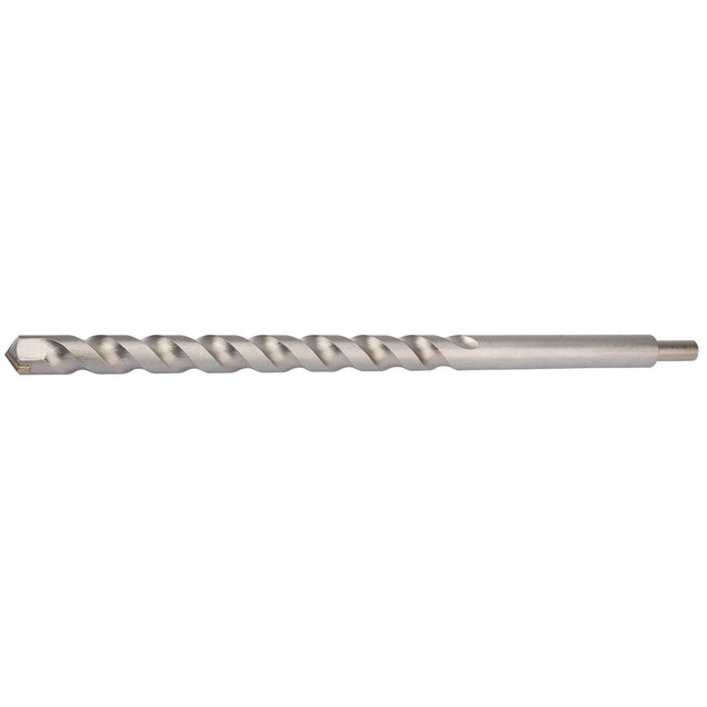 The Draper Masonry Drill Bit, 25 X 400mm - MD12PB from Draper, features a silver finish, spiral flute design, and flat shank. Adhering to ISO 5468 Specifications, it is ideal for drilling into concrete or stone surfaces.
