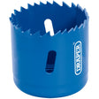 A blue Draper Hss Bi-Metal Holesaw Blade, 57mm - HSP, featuring sharp, jagged teeth for heavy-duty circular cutting and two elongated slots, with the brand name "Draper" printed on the side.