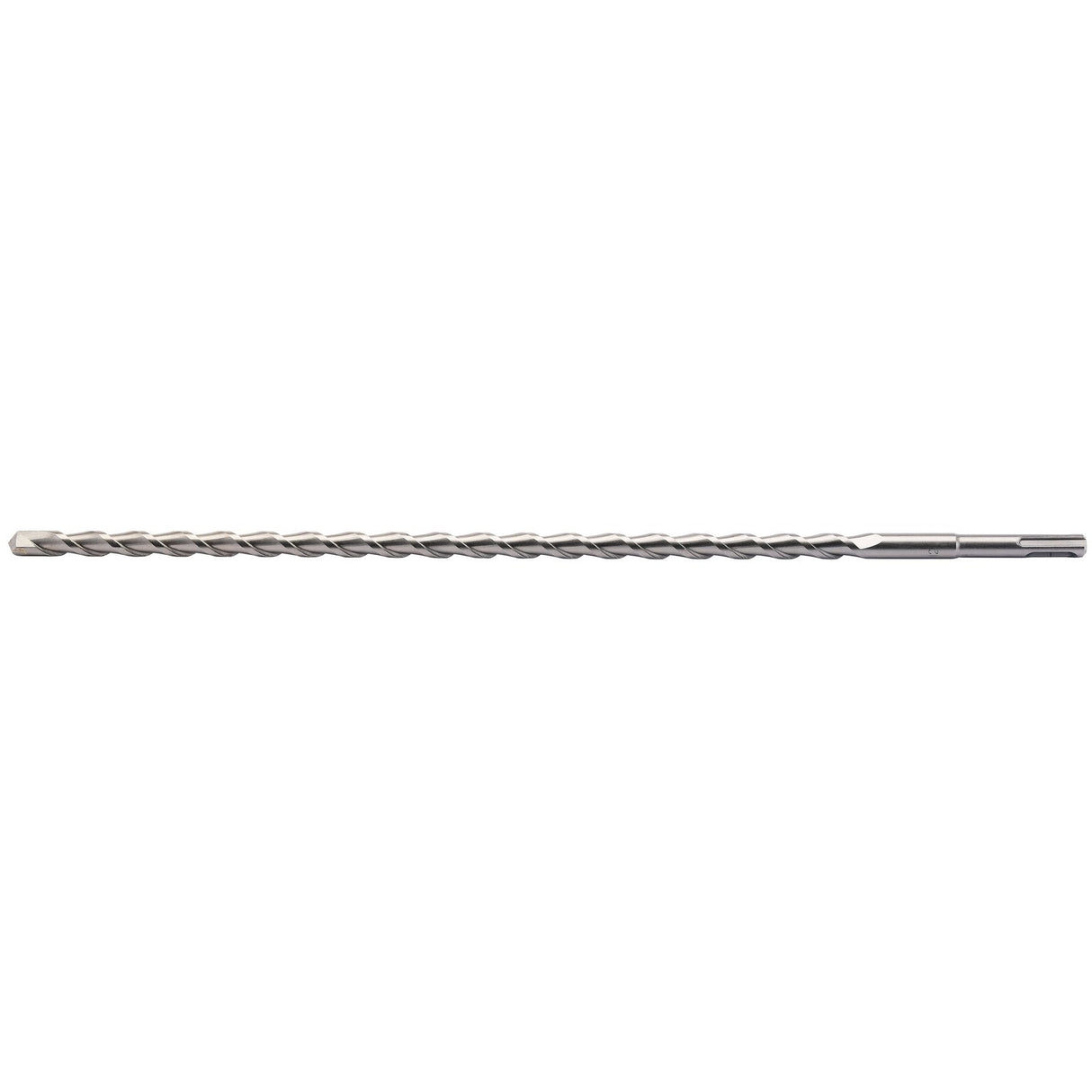 The Draper Sds+ Masonry Drill, 12.0 x 450mm - DSDS/PB is a long tungsten carbide spiral drill bit with a silver finish and a hexagonal shank on one end, perfect for use with power drills.
