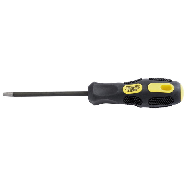 The Draper S3 Plain Slot Square Recess Screwdriver - 970SQ, featuring a black and yellow handle, comes with a flathead tip and hardened blades for durability.