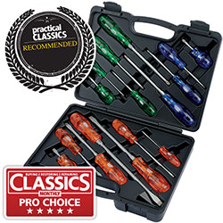 The Draper Engineers Screwdriver Set (16 Piece) - 990/16, made by Draper, includes professional screwdrivers with SVCM steel blades in a black case. The set features color-coded handles and has received badges for "Practical Classics Recommended" and "Classics Monthly Pro Choice.