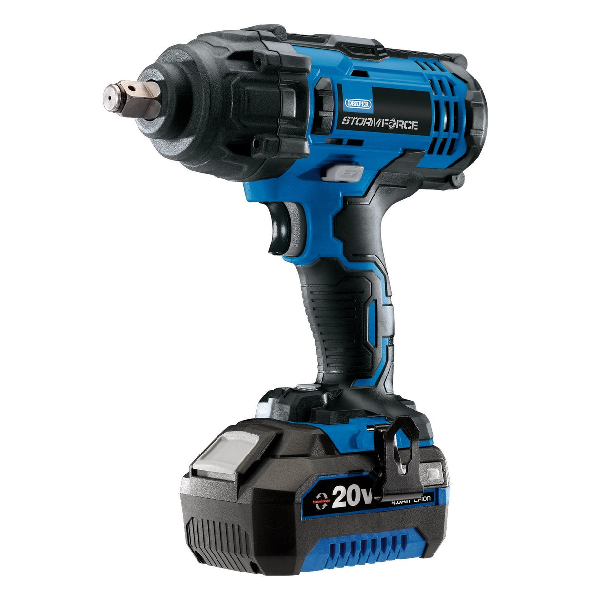 Draper Storm Force® 20V Mid-Torque Impact Wrench, 1/2" Sq. Dr., 400Nm, 1 X 4.0Ah Battery, 1 X Charger - CIW204SF-BMC - Farming Parts