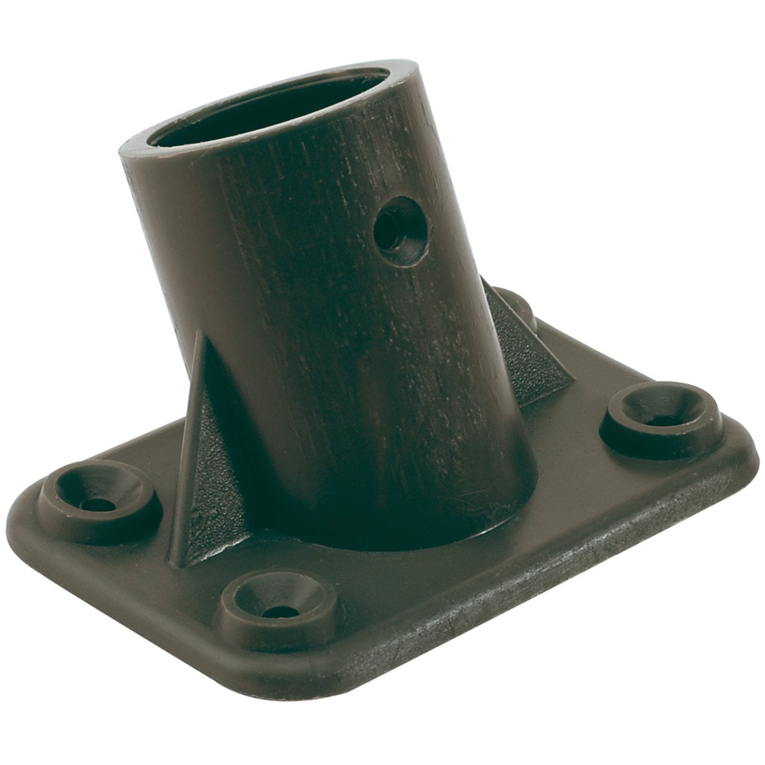 The Draper Plastic Bracket for 23mm Broom Heads - PBRCK is a black plastic bracket featuring a cylindrical holder suitable for handles with a 23mm diameter and equipped with four mounting holes on a rectangular base. Fixings are supplied.