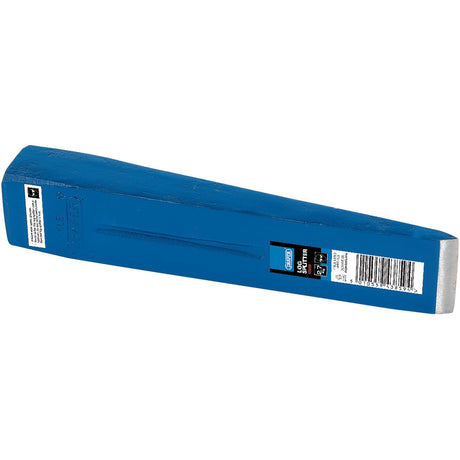 The Draper Log Splitter, 2.7Kg - LS6LB, is a blue splitting wedge made from hardened steel, with a product label and barcode visible on one side.