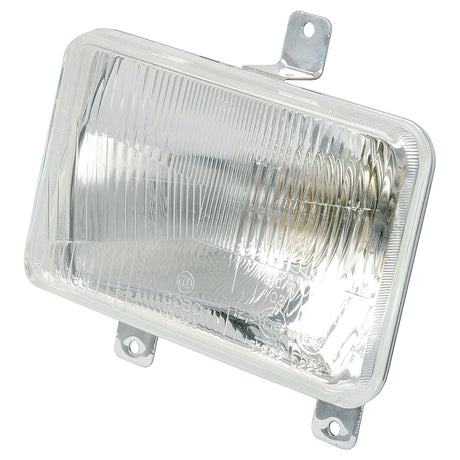 The Sparex Head Light (Halogen), RH & LH, LH Dip, 12V - S.43904 features a rectangular design with a clear, ribbed lens. It includes two mounting brackets on the top and one on the bottom. This headlight is IP65 rated for durability and performance in harsh conditions.