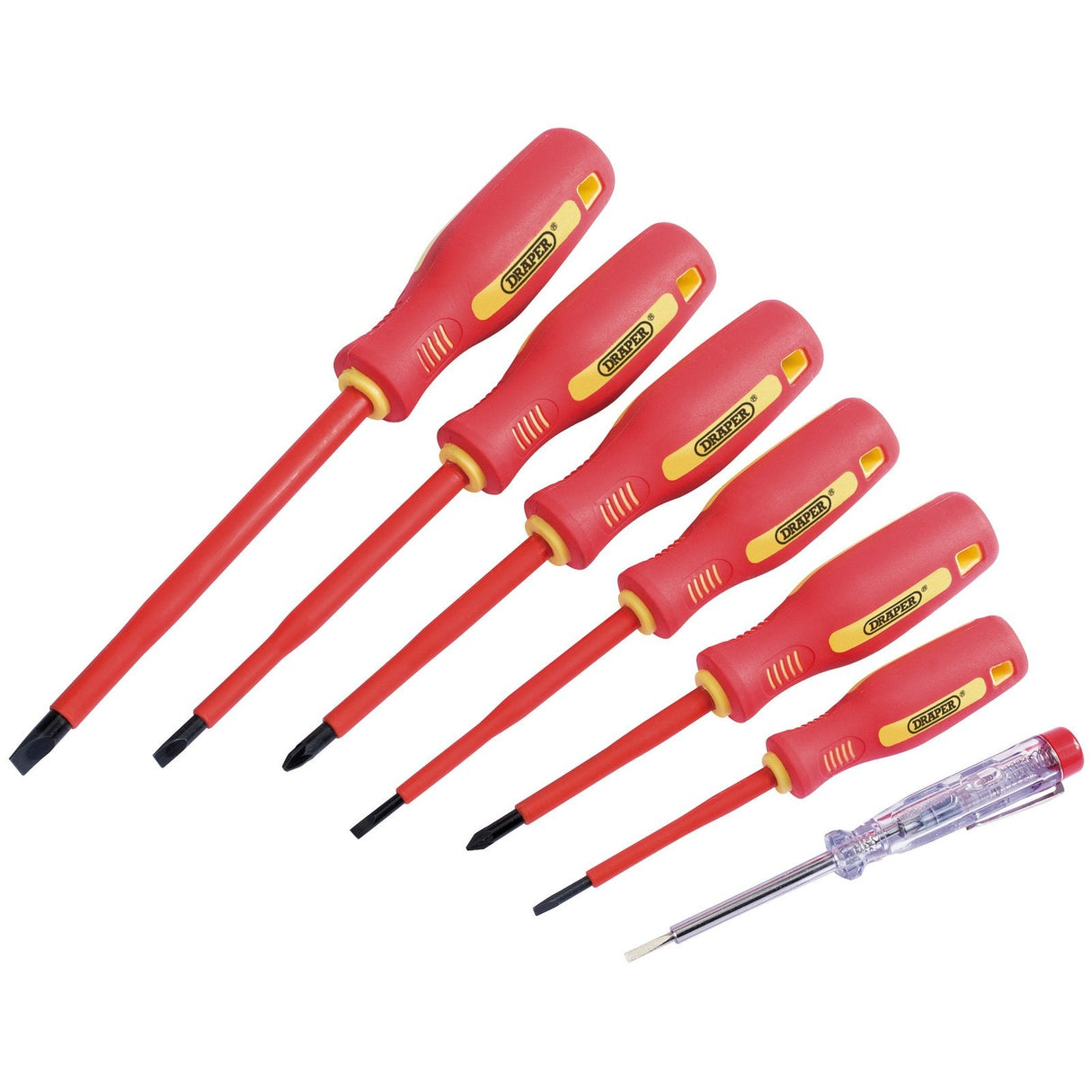 The Draper Fully Insulated Screwdriver Set With Mains Tester (7 Piece) - 952/7 features VDE approved red-handled screwdrivers in various flat-head and Phillips-head sizes, along with a clear-handled screwdriver with a yellow and white tip. Each piece is fully insulated to meet EN 60900 safety standards.