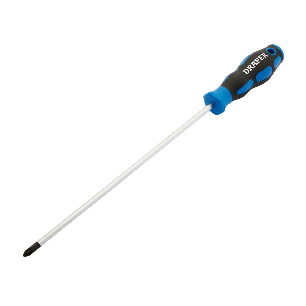 Get the Draper Soft Grip Pz Type Screwdriver, No.2 X 250mm - 865PZ, which features a long-handle and a soft grip handle in black and blue, along with a durable chrome vanadium steel shaft.