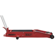 A Sealey Trolley Jack 5 Tonne Long Reach - 5001 in red, featuring a long handle, small wheels, and a foot pedal.