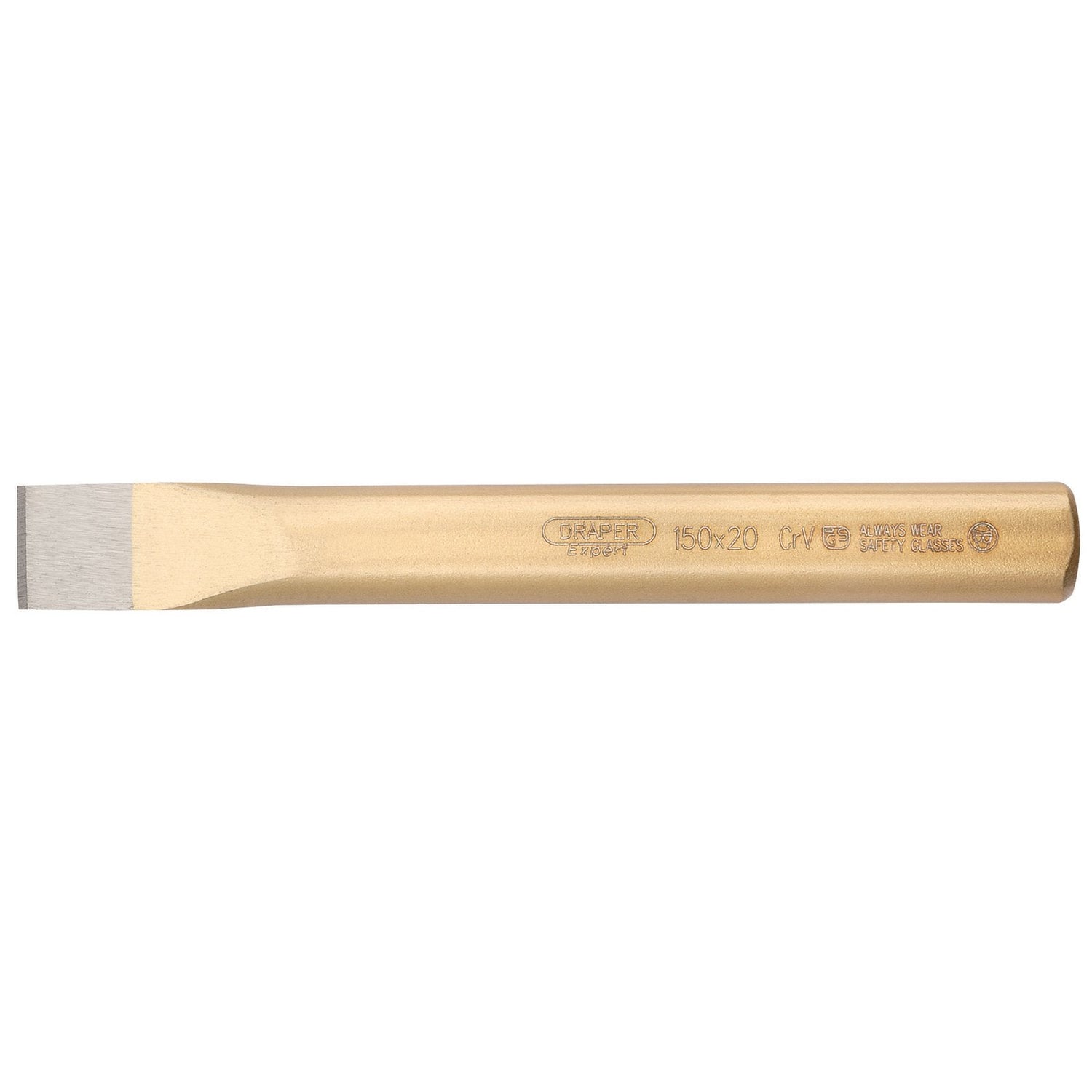 A flat-bladed chisel with a gold-colored handle, crafted from chrome vanadium steel, featuring etched product details including the Draper brand name and specifications, identified as the Draper Flat Cold Chisel 20 X 150mm - 95.