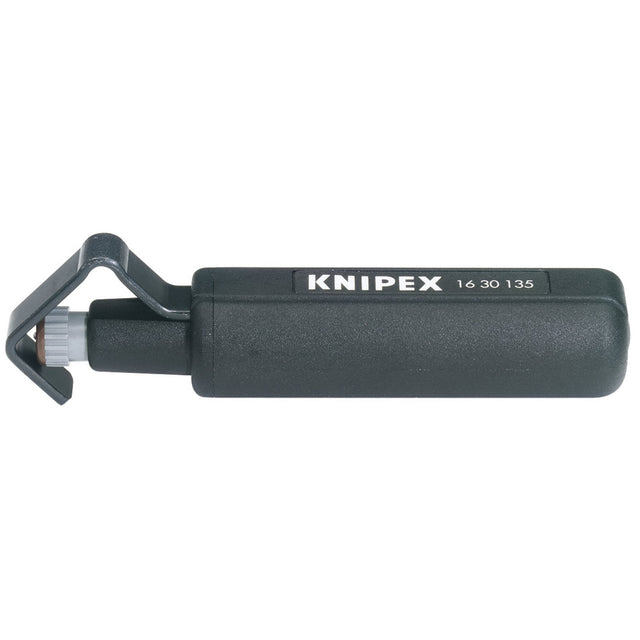 The Draper Knipex 16 30 135 Sb Cable Sheath Stripper, featuring a black handle and a branding label on the side, is designed for professional-quality wire stripping with adjustable cutting depth.
