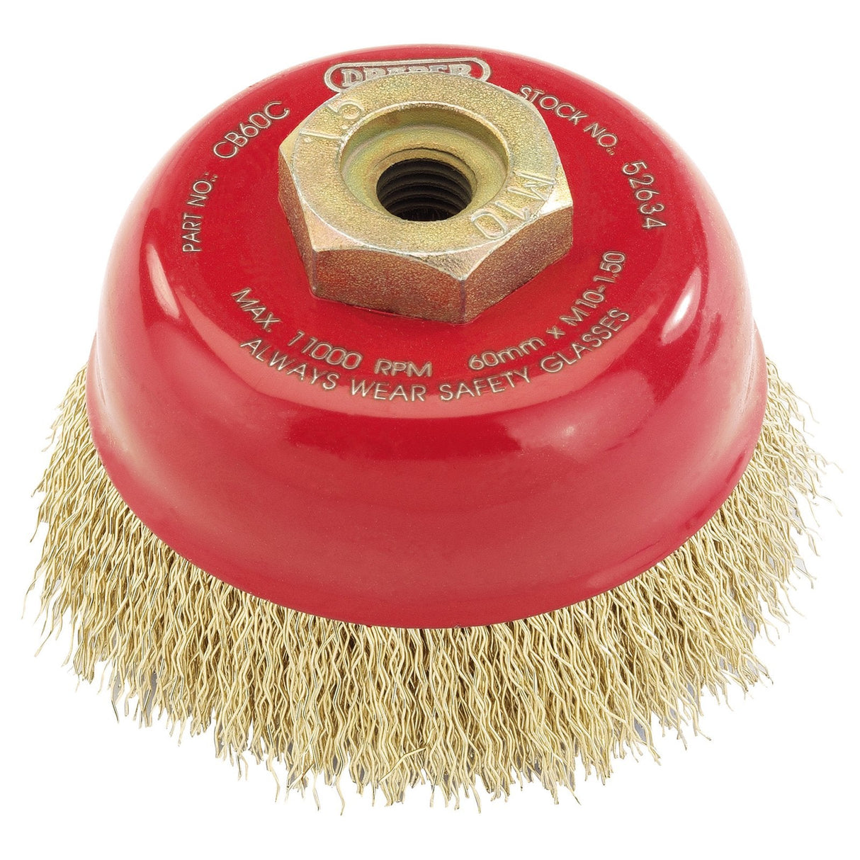 The Draper Expert Brassed Steel Crimped Wire Cup Brush, 60mm, M10 - CB60C features a hardened brassed steel wire and a threaded hex nut attachment. Designed for angle grinders, it includes safety and specification information to ensure industrial quality.