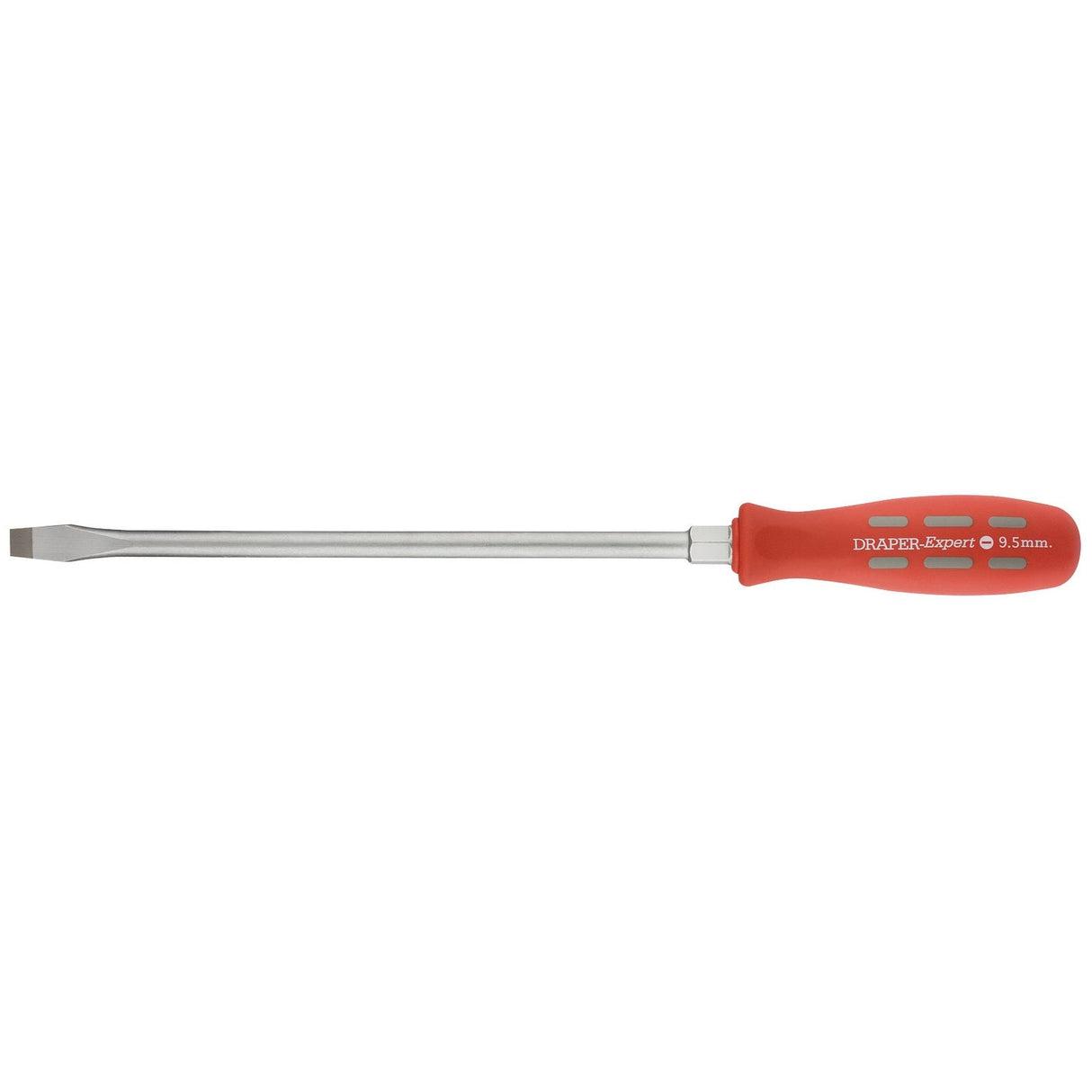 A flathead screwdriver with a long metal shaft, a soft grip, and a red handle labeled "Draper Plain Slot Flared Tip Long Pattern Mechanic's Screwdriver, 9.5 X 250mm - 870.