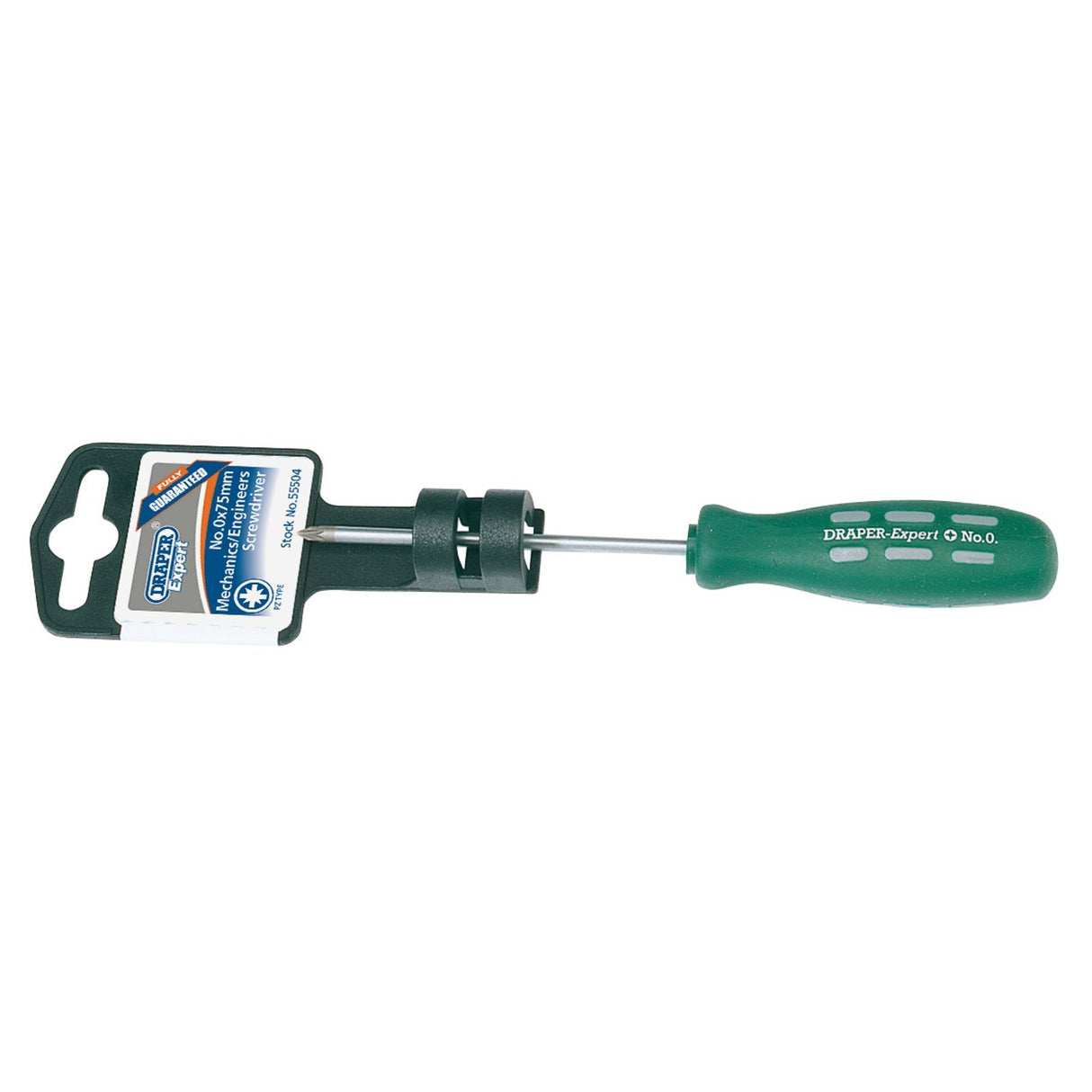 A Draper Pz Type Mechanic's Screwdriver, No.0 x 75mm - 870PZ, featuring a green handle and black impact-resistant packaging.