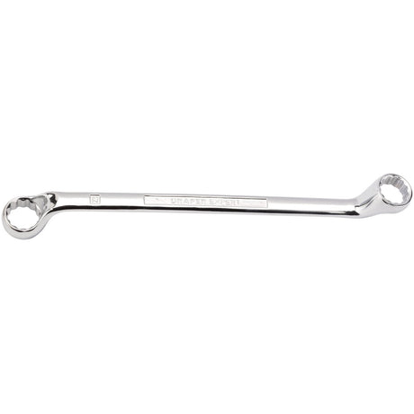 The Draper Hi-Torq® Deep Offset Ring Spanner, 21 x 23mm - 7105MM, is a double box-end wrench with a deep offset design. Crafted from chrome vanadium steel, it features two closed-loop ends for securely gripping nuts and bolts. This tool adheres to DIN 838 specifications and is part of the high-quality Draper Expert HI-TORQ® range.