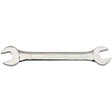 The Draper Open End Spanner, 18 X 19mm - 5055MM, is crafted from tempered chrome vanadium steel and engraved with "DRAPER Expert" and the sizes "19" on one end and "18" on the other, meeting DIN3113 Specifications.