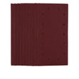 A pack of ten Draper 1/2 Sanding Sheets With Hook And Loop attachment, measuring 115 x 230mm and featuring several circular holes along one side. These rectangular brown aluminium oxide sanding sheets have a grit level of 120, ideal for precise sanding tasks.