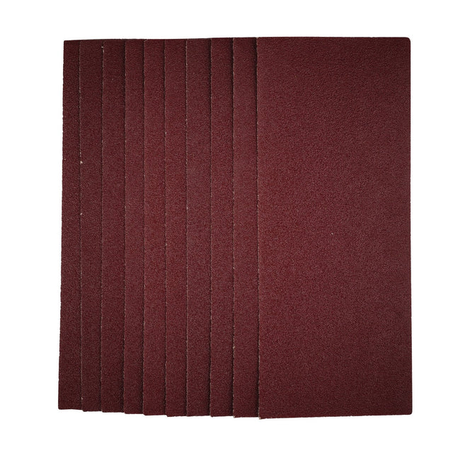 A vertical stack of Draper 1/2 Sanding Sheets, 115 X 280mm, 40 Grit (Pack Of 10) - SSA6, crafted with durable aluminium oxide in a maroon hue, is aligned against a white background.