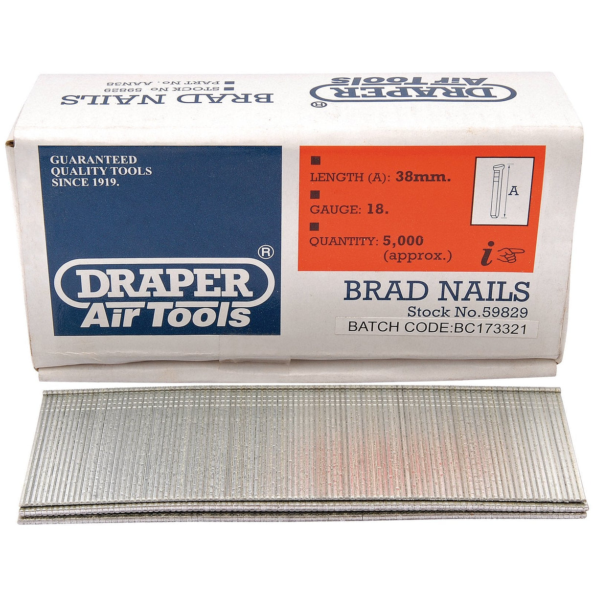 Box and pack of Draper brand brad nails, perfect for your Draper Nailers or Combination Nailer/Staplers. These packs of 5000 brad nails are 38mm in length, 18 gauge. Stock number: BN18G, batch code: BC173321.