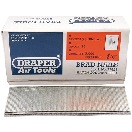 Box and pack of Draper brand brad nails, perfect for your Draper Nailers or Combination Nailer/Staplers. These packs of 5000 brad nails are 38mm in length, 18 gauge. Stock number: BN18G, batch code: BC173321.
