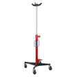 The Sealey Transmission Jack 600kg Vertical - 600TR is a robust red jack equipped with a height adjustment knob, four wheels for smooth manoeuvrability, and two hooks for secure placement of items.
