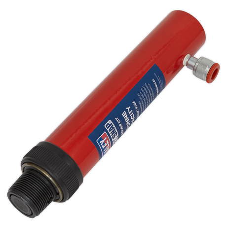 The Sealey Push Ram - 10 tonne - 610/41, features a red ATEM hydraulic cylinder with black fittings and a metal nozzle on the side, designed for heavy loads and body repair kits, shown against a plain white background.